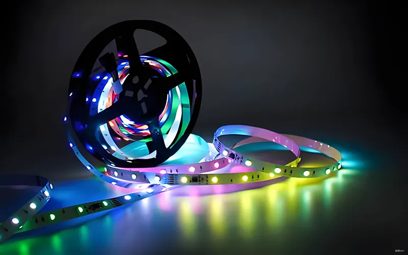 Close-up van SMD-chips op een DMX LED-stripverlichting voor nauwkeurige regeling