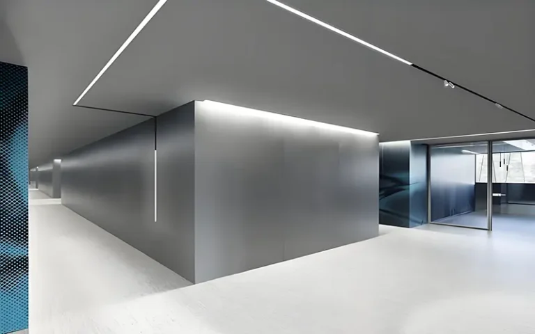 Udendørs effektfoto, der viser udvidet LED-stripbelysning langs en gangbro eller bygningskontur