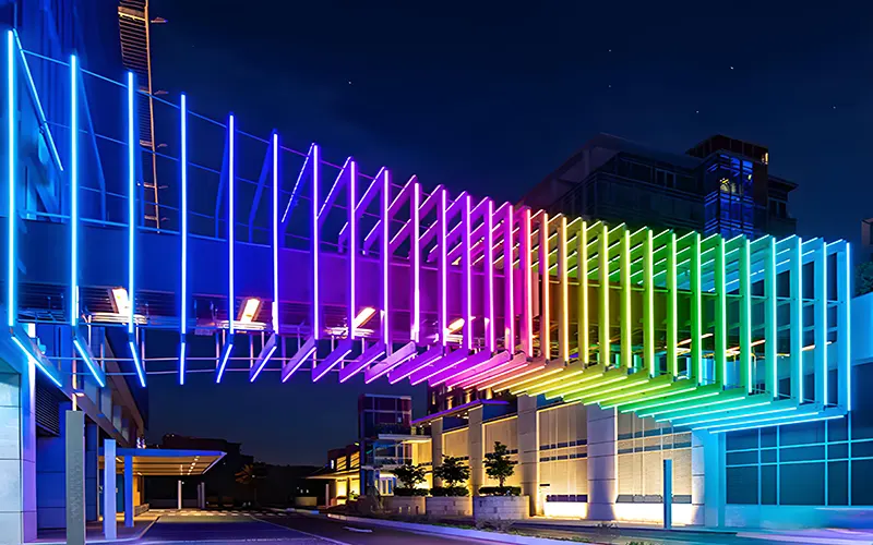 Dynamic RGB colour-changing lighting effect in a modern , demonstrating the ability to control SPI LED strips for architectural lighting.