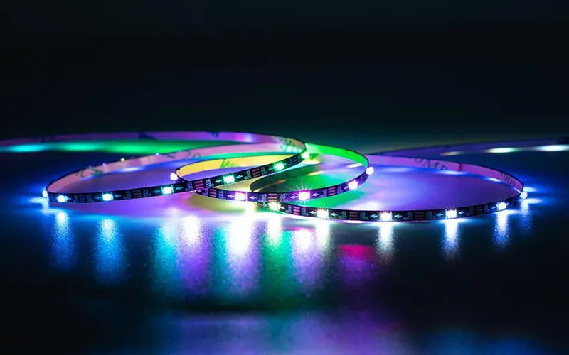 IC RGB LED strip with addressable pixels showing multicolor chasing lighting effects