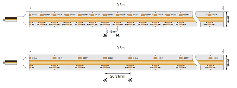 Dæmpbare COB-LED-lysbånd med 608 LED'er pr. meter, ultraklart lys uden synlige samlinger og med dæmpningsfunktion