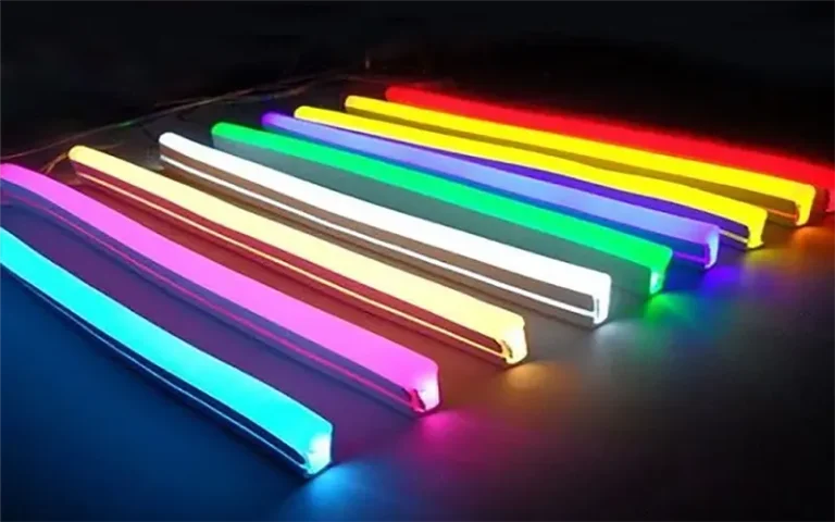RGB LED neon flex strip displaying colorful lighting effects controlled by an LED controller